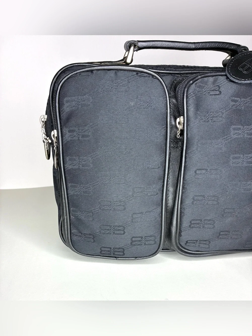 Vintage Balenciaga BB Monogram Travel Bag w/ Strap Black Canvas